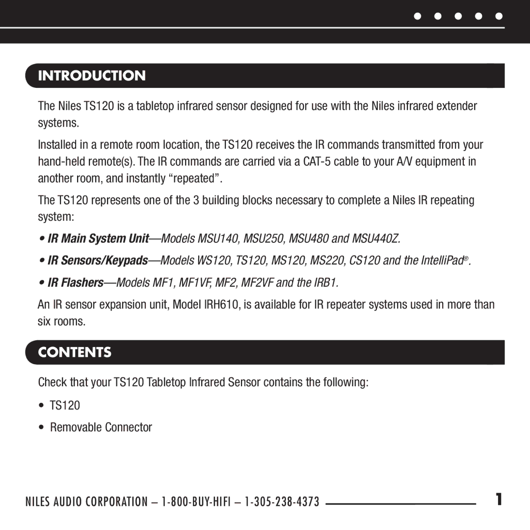 Niles Audio TS120 manual Introduction, CONTents 