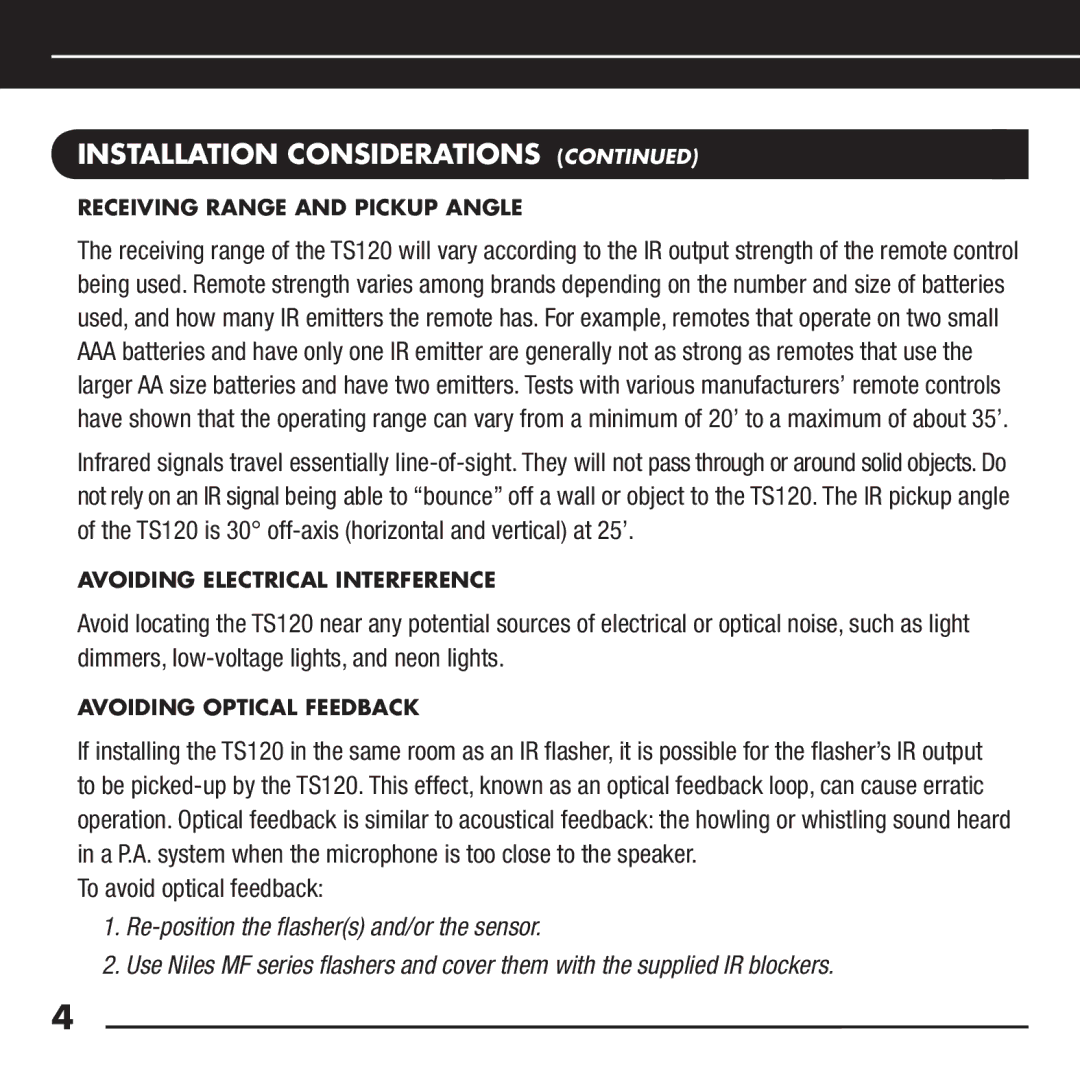 Niles Audio TS120 manual Installation Considerations, Receiving Range and Pickup Angle, Avoiding Electrical Interference 