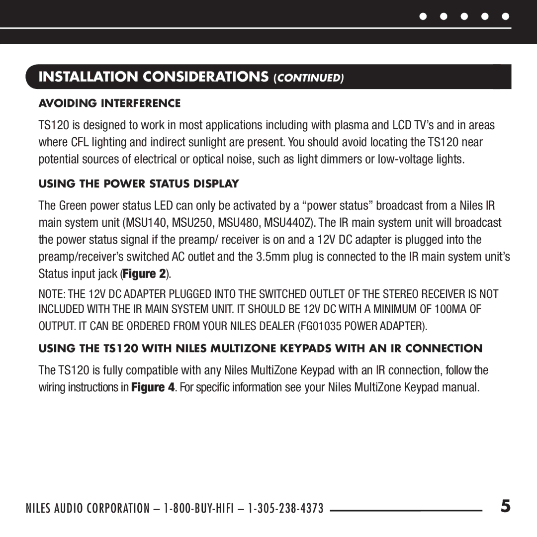 Niles Audio TS120 manual Avoiding Interference, Using the Power Status Display 