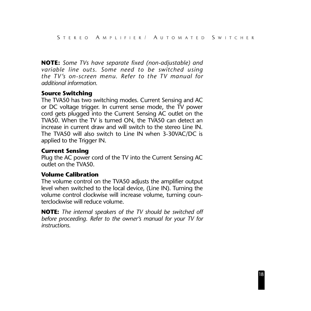 Niles Audio TVA50 manual Source Switching, Current Sensing, Volume Calibration 