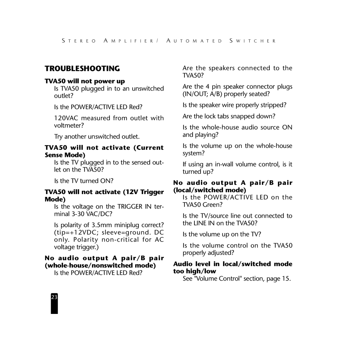 Niles Audio manual TVA50 will not power up, TVA50 will not activate Current Sense Mode 