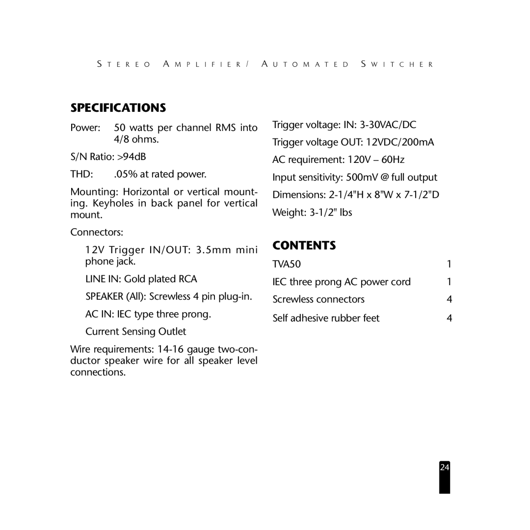 Niles Audio TVA50 manual Specifications 