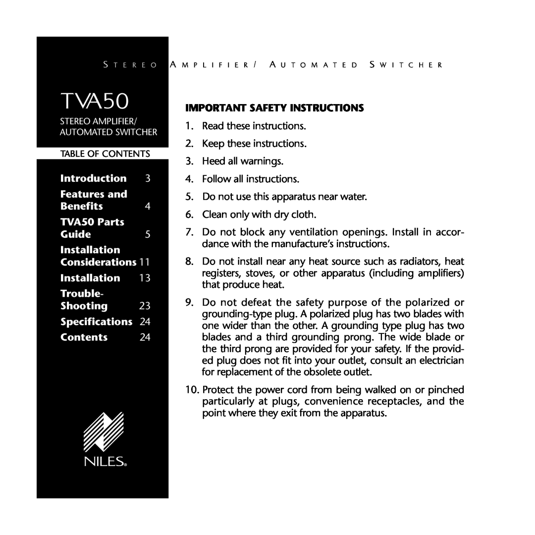 Niles Audio manual Important Safety Instructions, Introduction Features and Benefits TVA50 Parts 