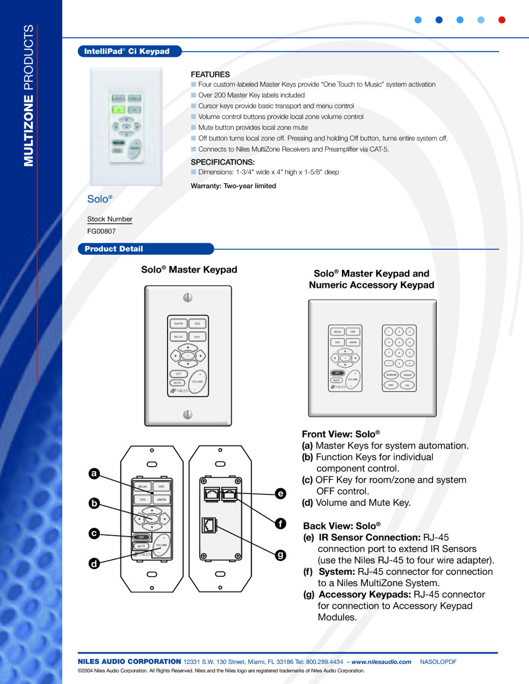 Niles Audio Universal Remote specifications Solo Master Keypad Numeric Accessory Keypad, Front View Solo, Back View Solo 