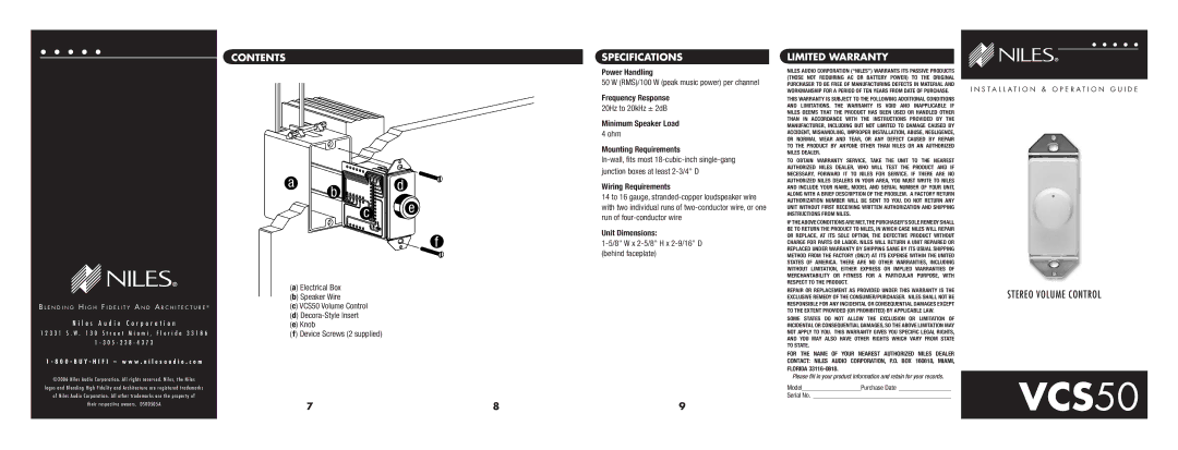 Niles Audio VCS50 specifications Contents Specifications, Limited Warranty 