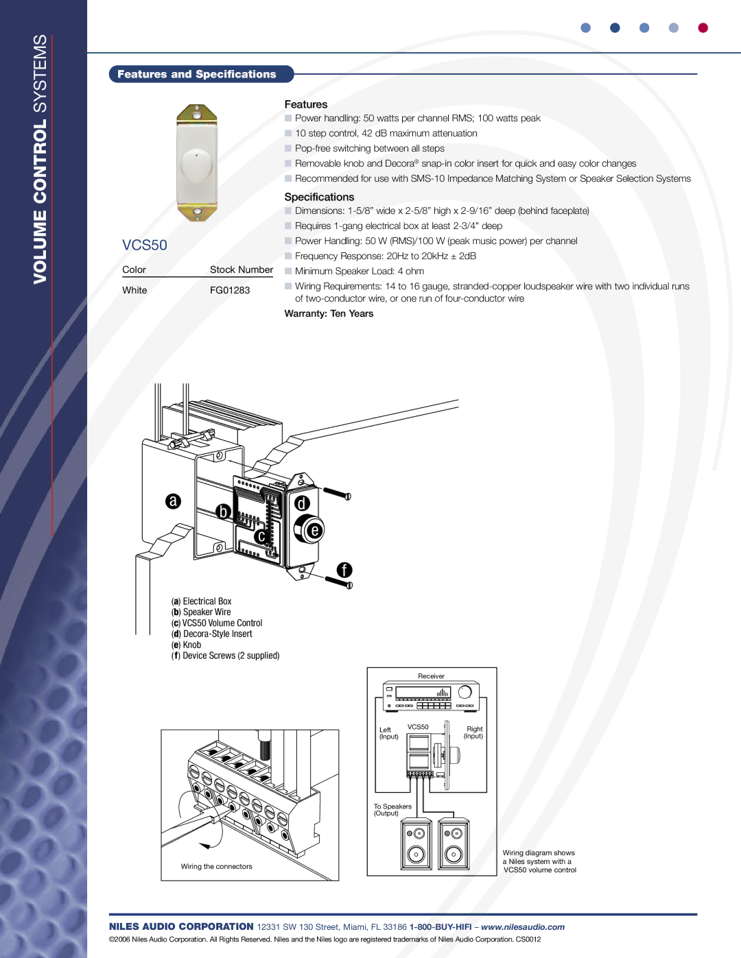 Niles Audio VCS50 specifications Volume Control, Features, Specifications, Device Screws 2 supplied 