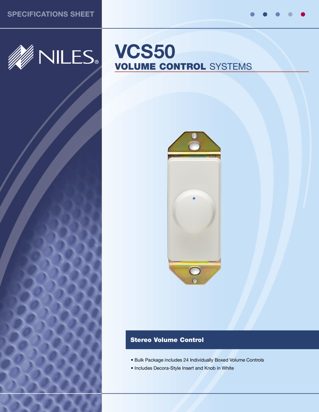 Niles Audio VCS50 specifications Contents, Specifications, Limited Warranty, Stereo Volume Control, Power Handling, e Knob 