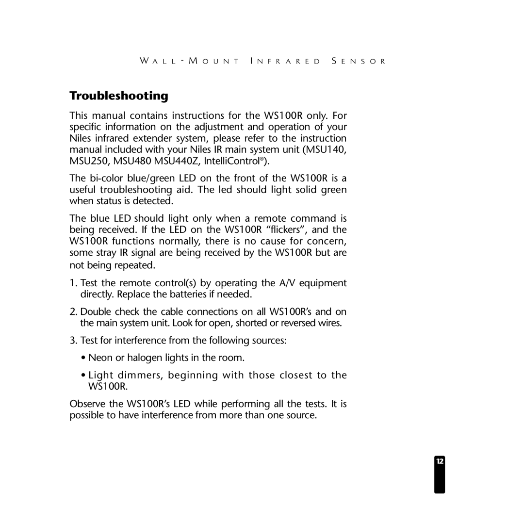 Niles Audio WS100R manual Troubleshooting 