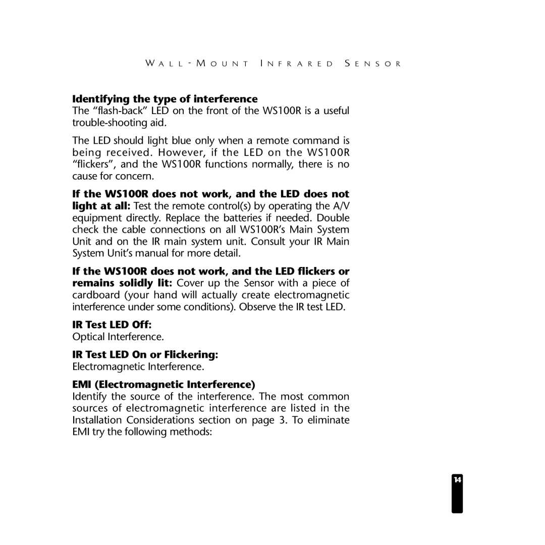 Niles Audio WS100R Identifying the type of interference, IR Test LED On or Flickering, EMI Electromagnetic Interference 