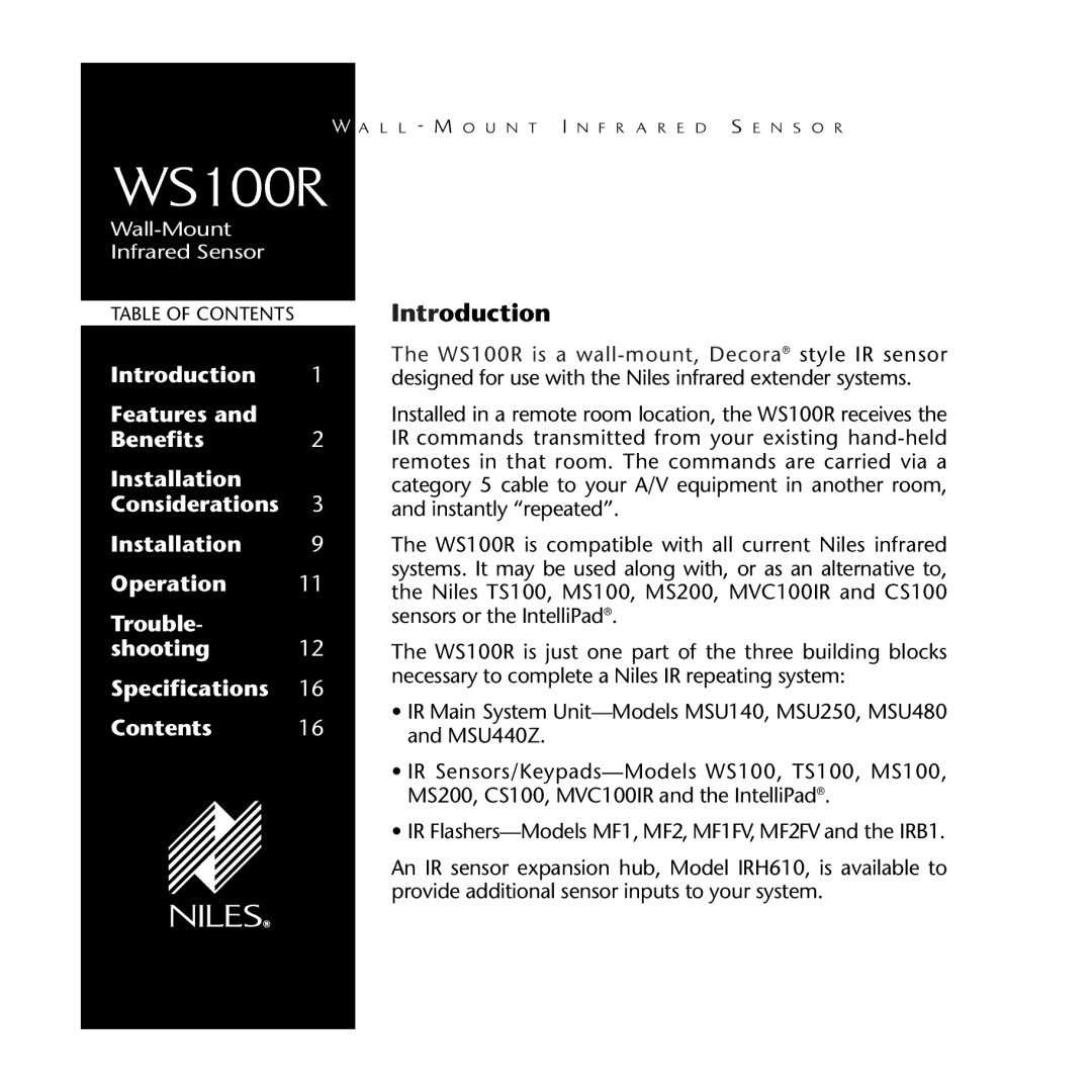 Niles Audio WS100R manual Introduction 