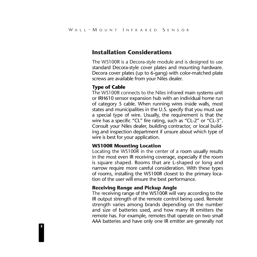 Niles Audio Installation Considerations, Type of Cable, WS100R Mounting Location, Receiving Range and Pickup Angle 