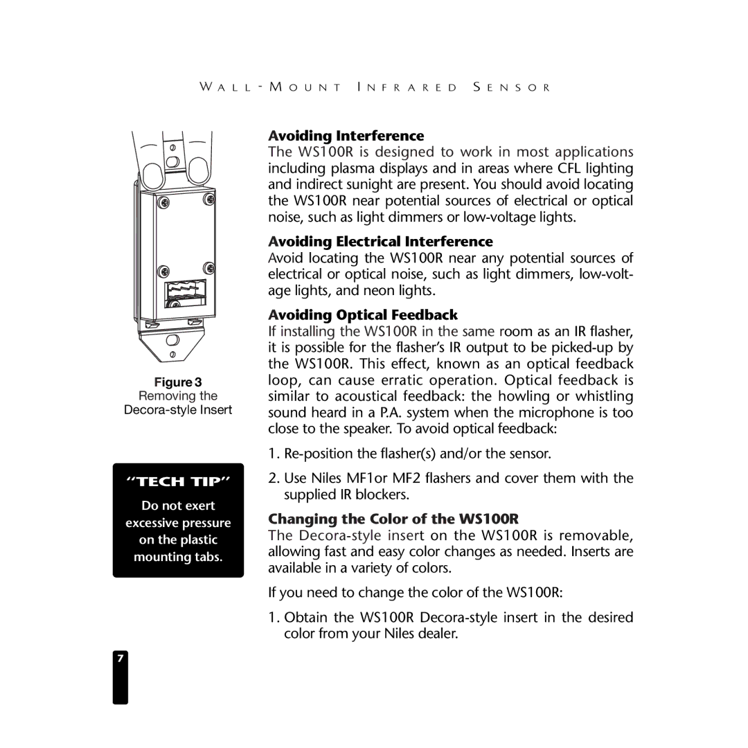 Niles Audio WS100R manual Avoiding Interference, Avoiding Electrical Interference, Avoiding Optical Feedback 