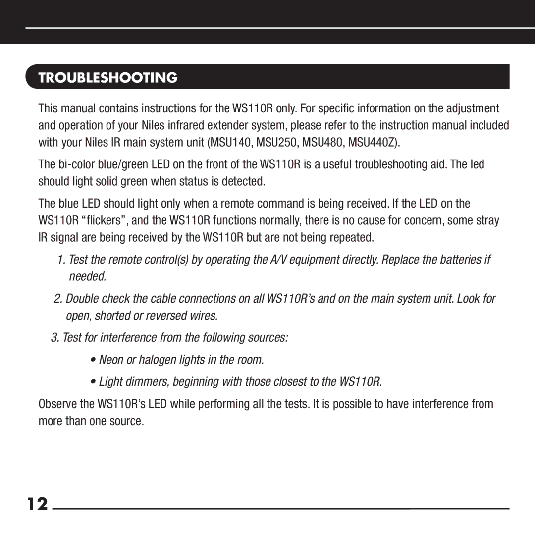 Niles Audio WS110R manual Troubleshooting 