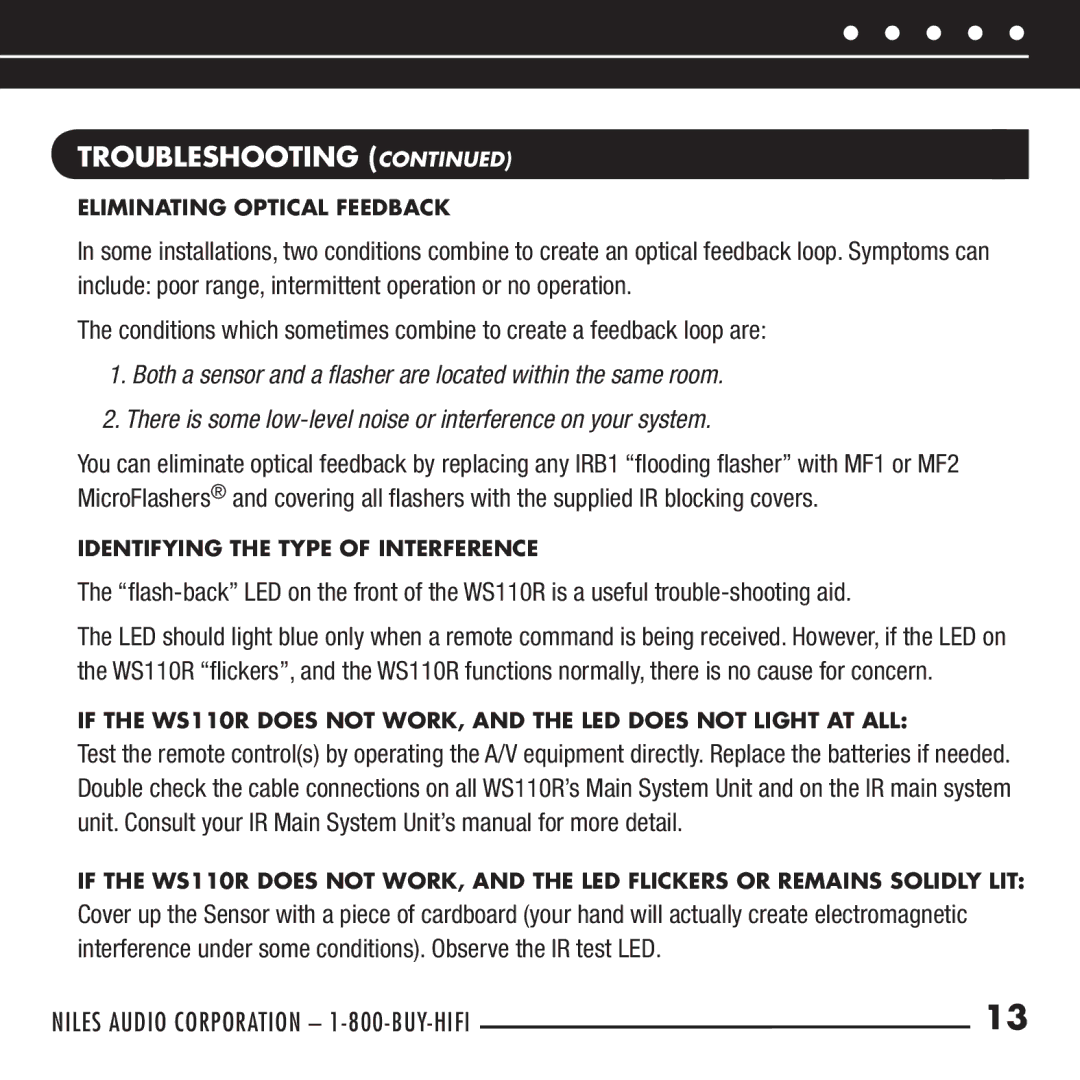 Niles Audio WS110R manual Eliminating Optical Feedback 