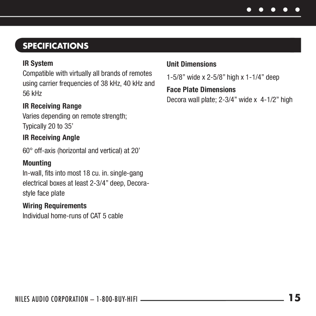 Niles Audio WS110R manual Specifications 