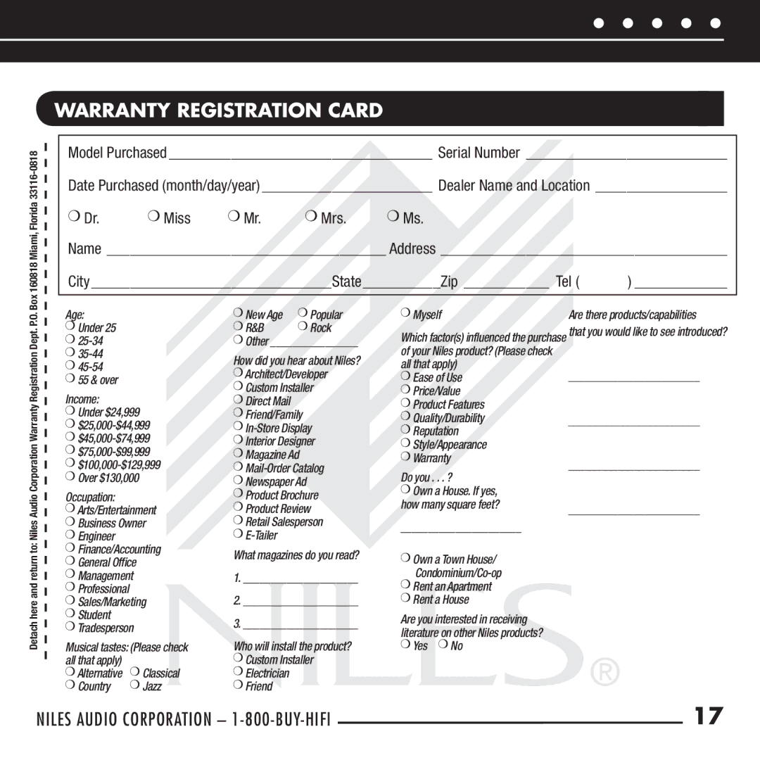 Niles Audio WS110R manual Warranty Registration Card, Dr. Miss Mr. Mrs. Ms 