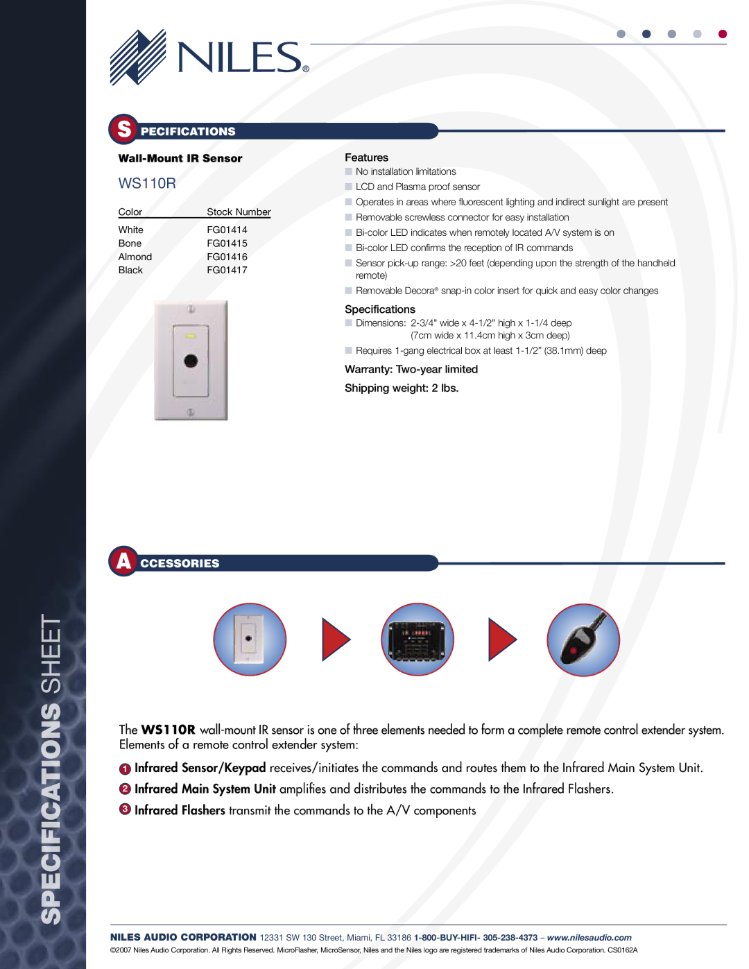 Niles Audio WS110R specifications Features, Specifications, Warranty Two-year limited Shipping weight 2 lbs 