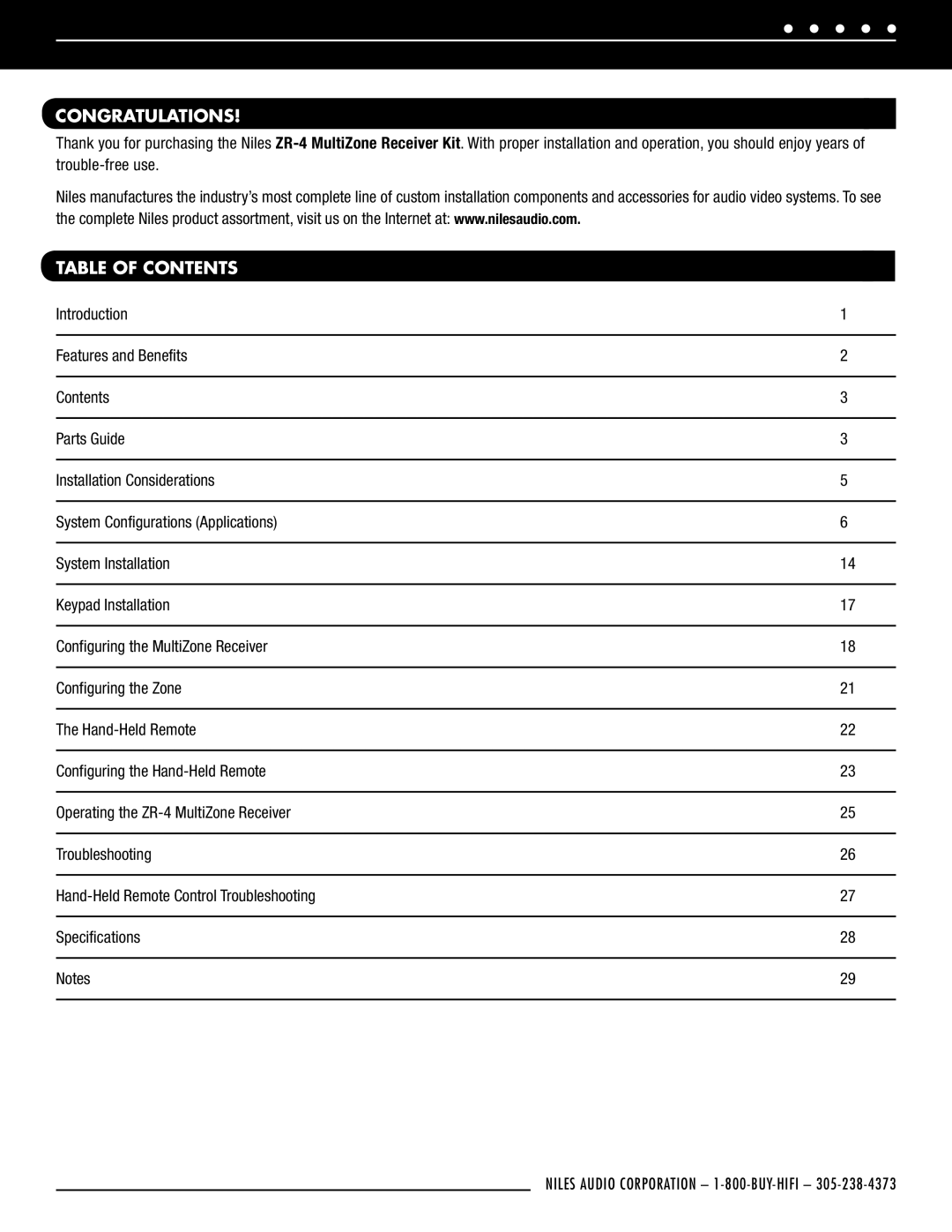 Niles Audio ZR-4 manual Congratulations 