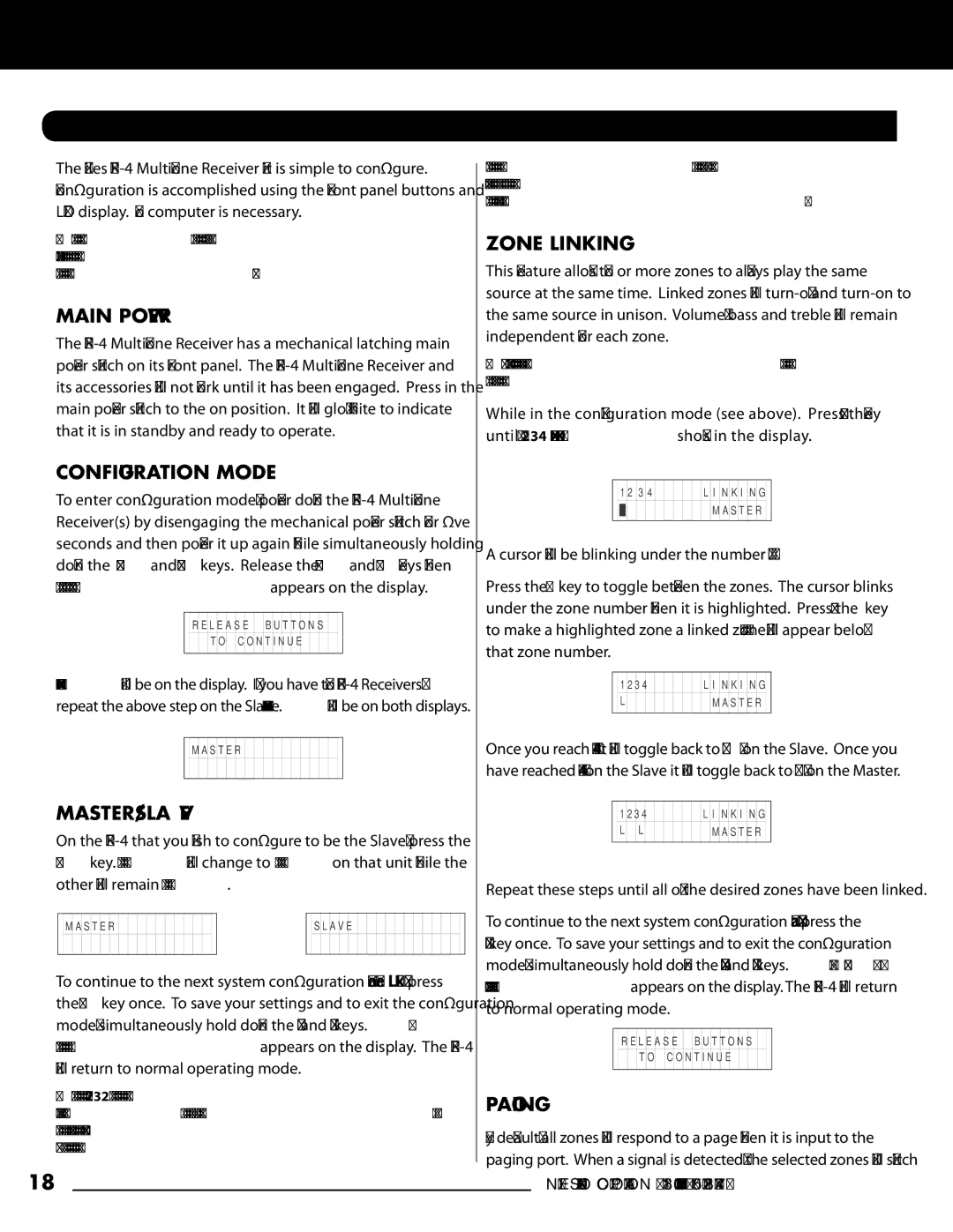 Niles Audio ZR-4 manual Main Power, Configuration Mode, Master/Slave, Paging, Configuring the MultiZone receiver 