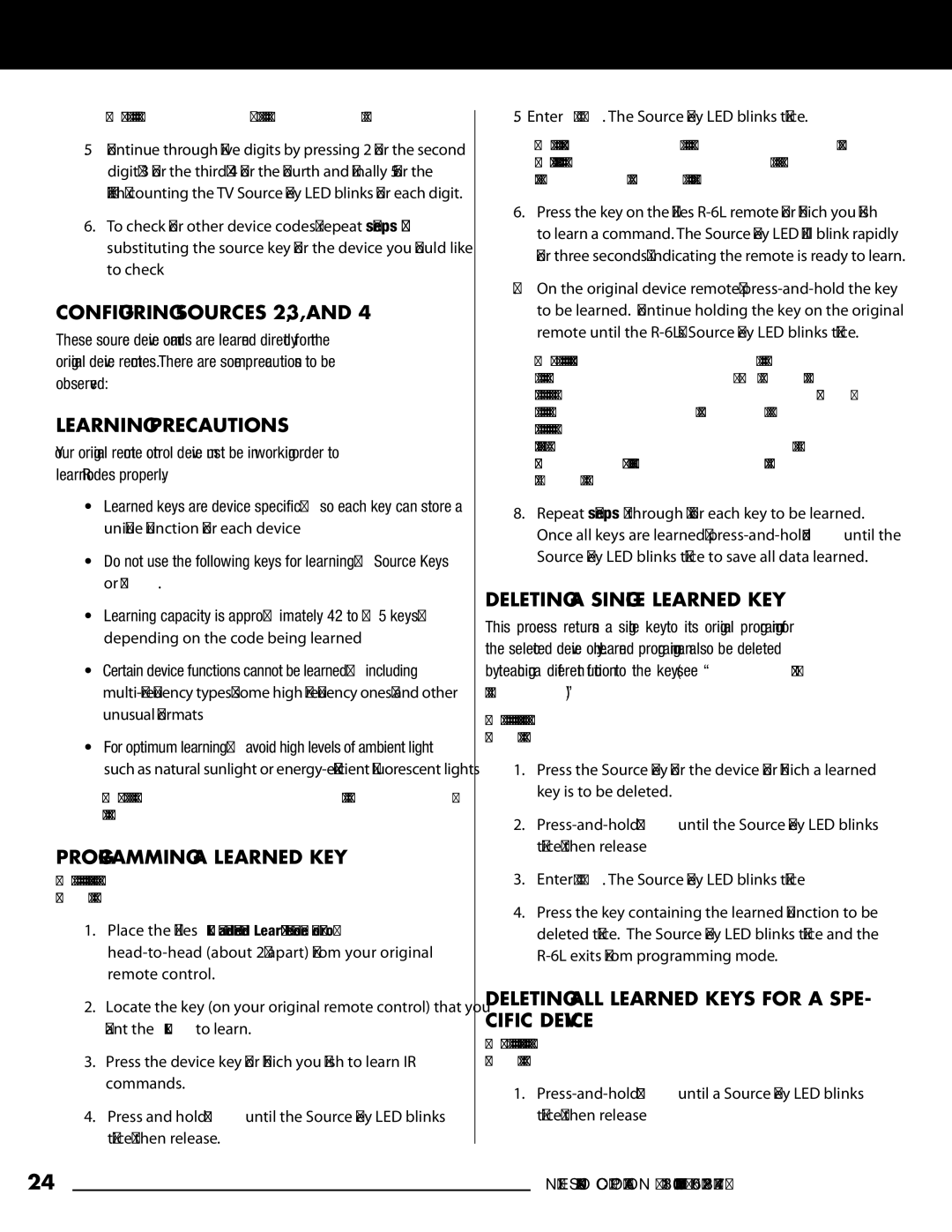 Niles Audio ZR-4 Configuring sources 2,3, Learning Precautions, Programming a Learned Key, Deleting a Single Learned Key 