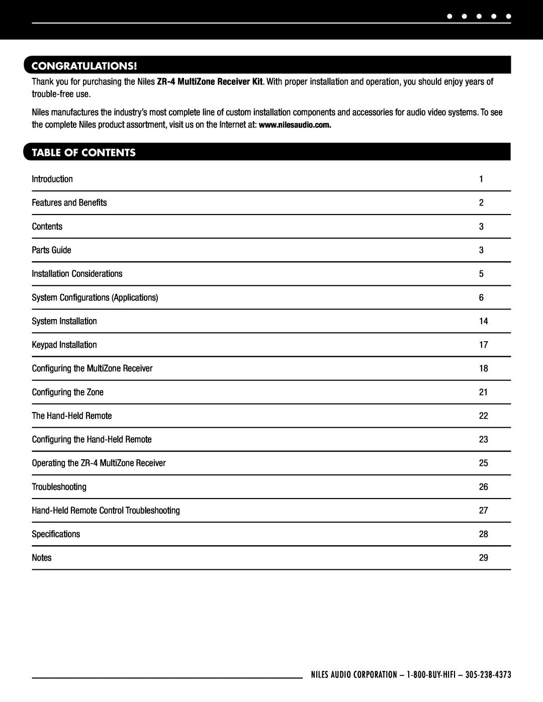 Niles Audio ZR-4 manual Congratulations, Table Of Contents 