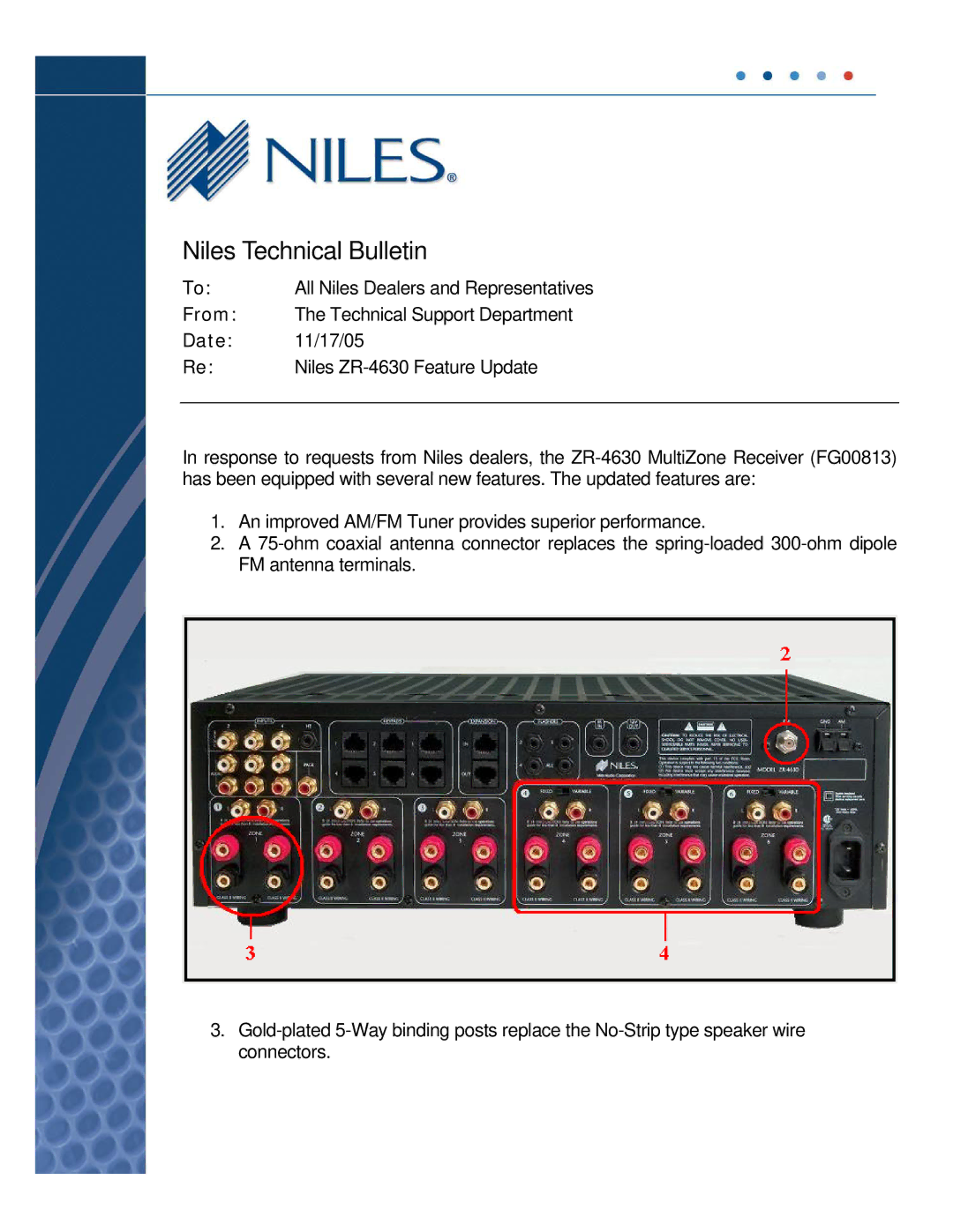 Niles Audio ZR-4630 manual Niles Technical Bulletin, From, Date 