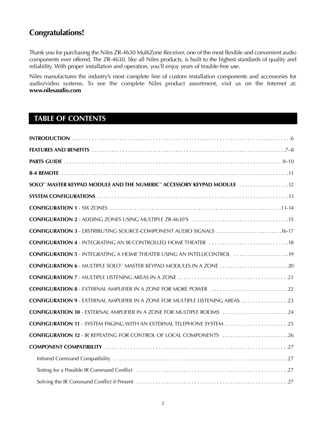 Niles Audio ZR-4630s manual Congratulations, Table of Contents 