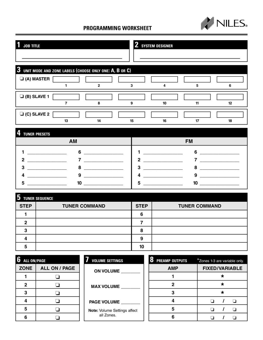 Niles Audio ZR-4630s manual Programming Worksheet 