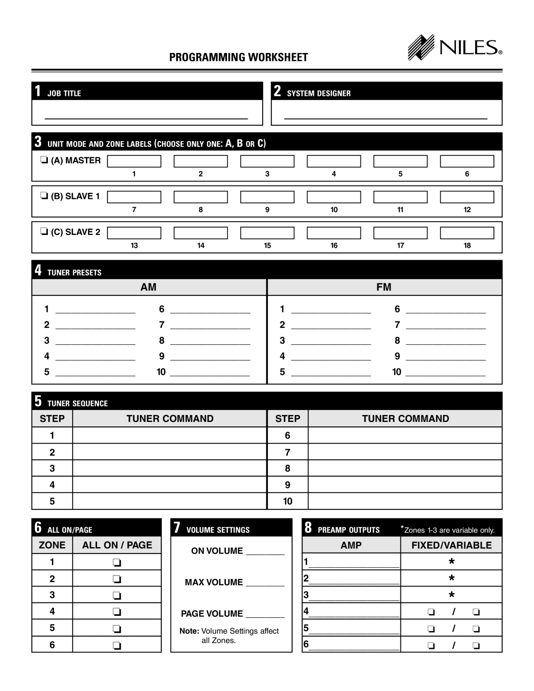 Niles Audio ZR-4630s manual Programming Worksheet 