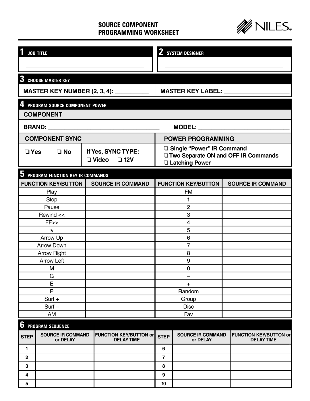 Niles Audio ZR-4630s manual Source Component Programming Worksheet 