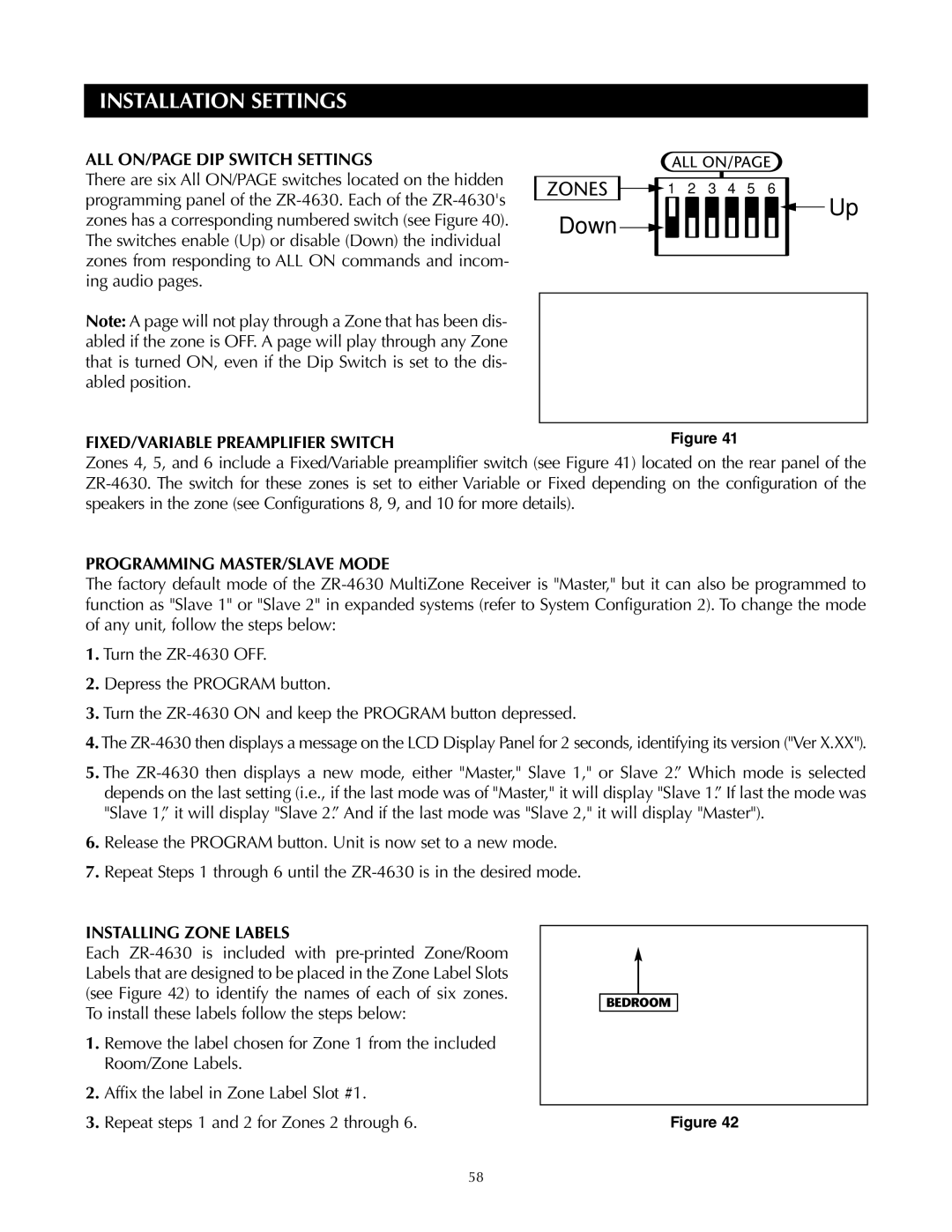 Niles Audio ZR-4630s manual Installation Settings, ALL ON/PAGE DIP Switch Settings, FIXED/VARIABLE Preamplifier Switch 