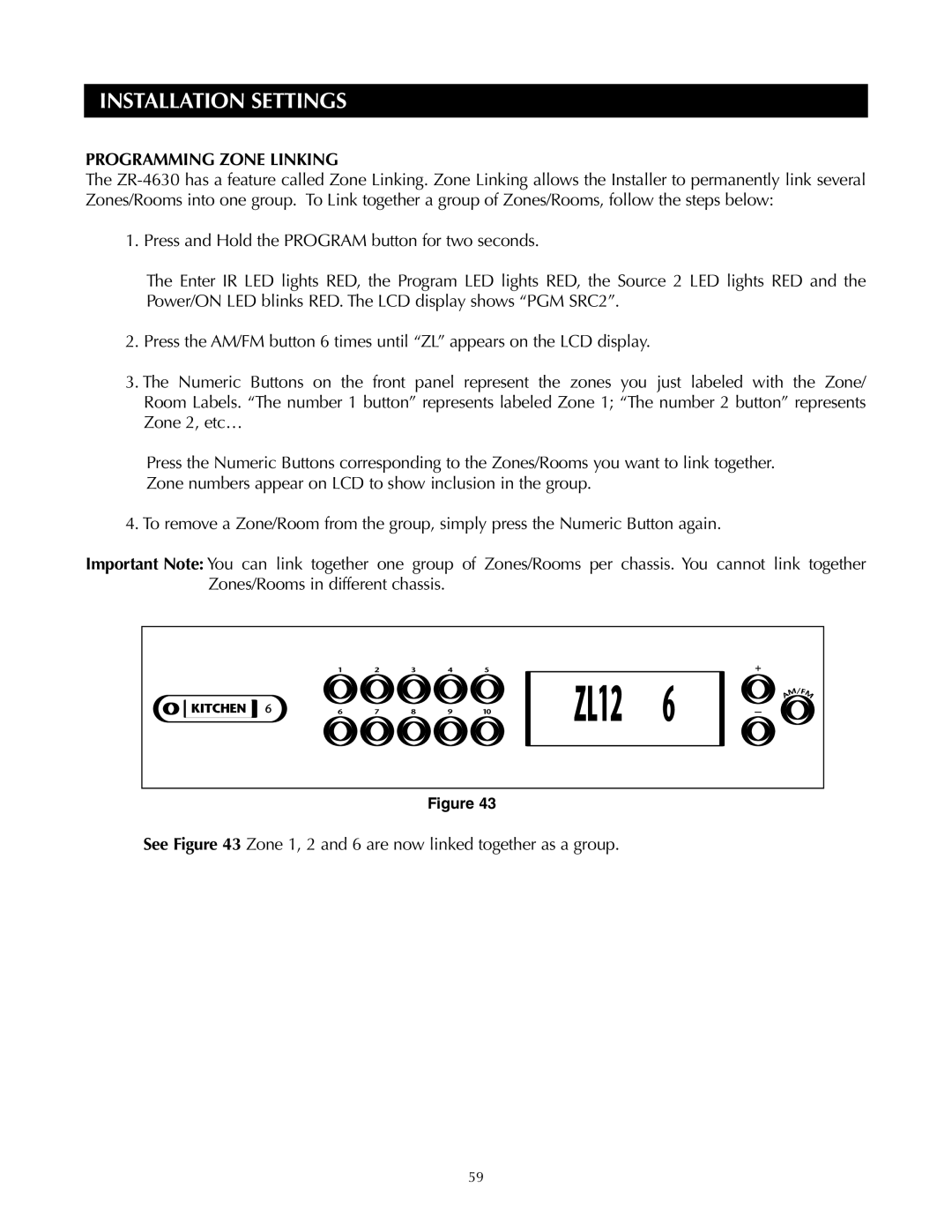 Niles Audio ZR-4630s manual ZL12, Programming Zone Linking 