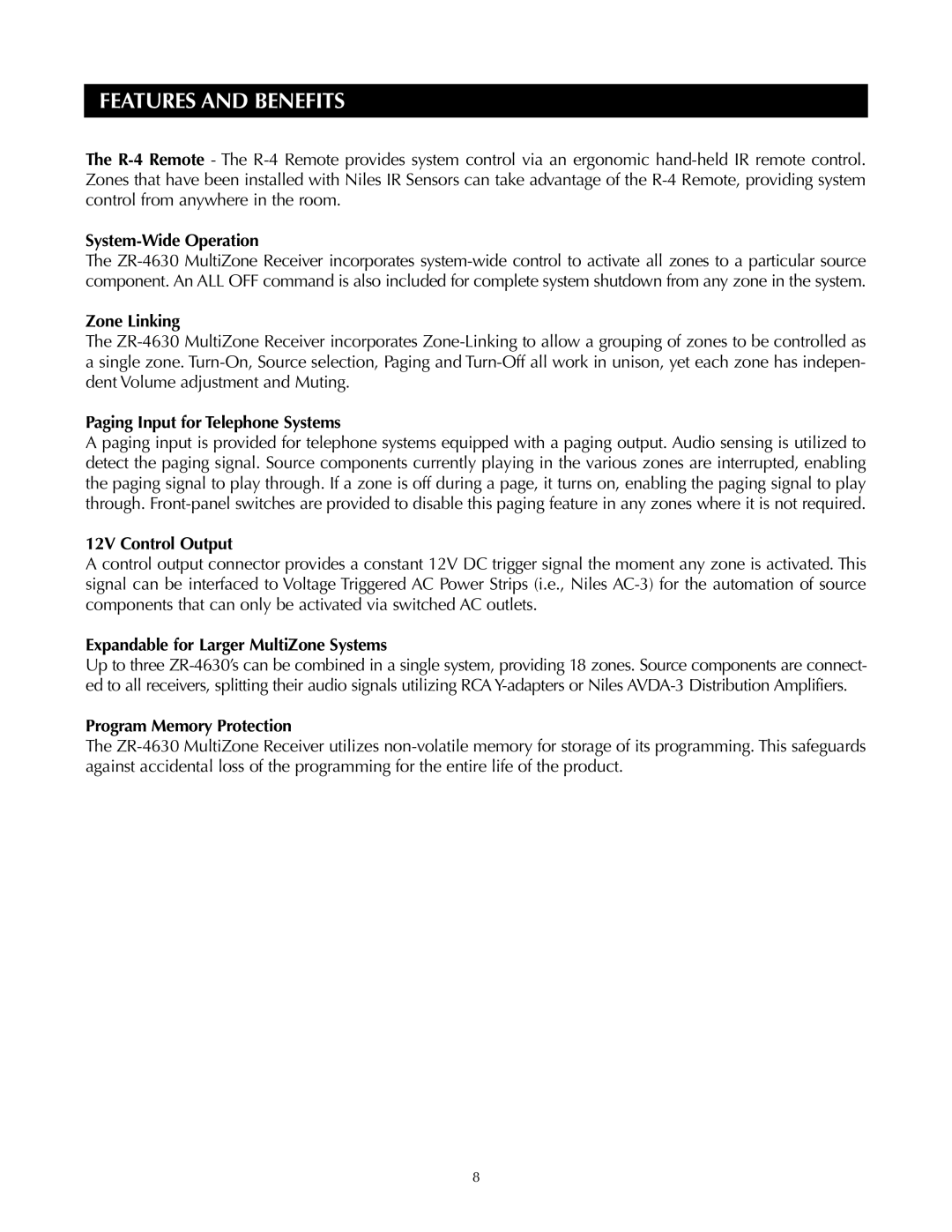 Niles Audio ZR-4630s manual System-Wide Operation, Zone Linking, Paging Input for Telephone Systems, 12V Control Output 