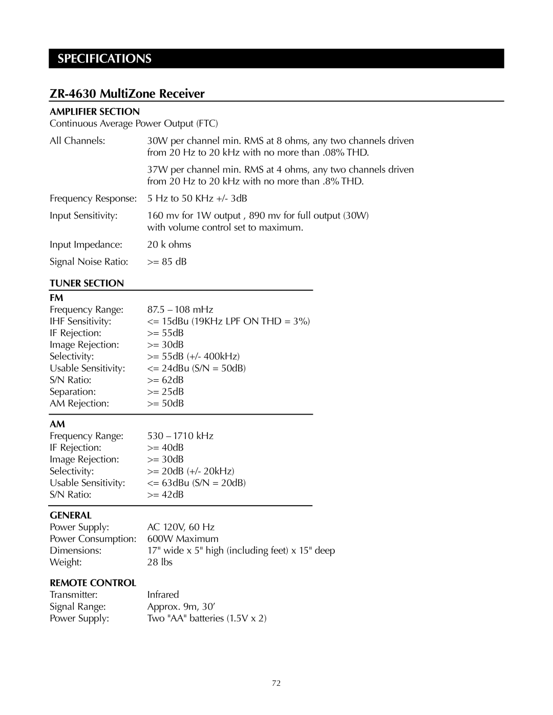 Niles Audio ZR-4630s manual Specifications, Amplifier Section, Tuner Section, General 