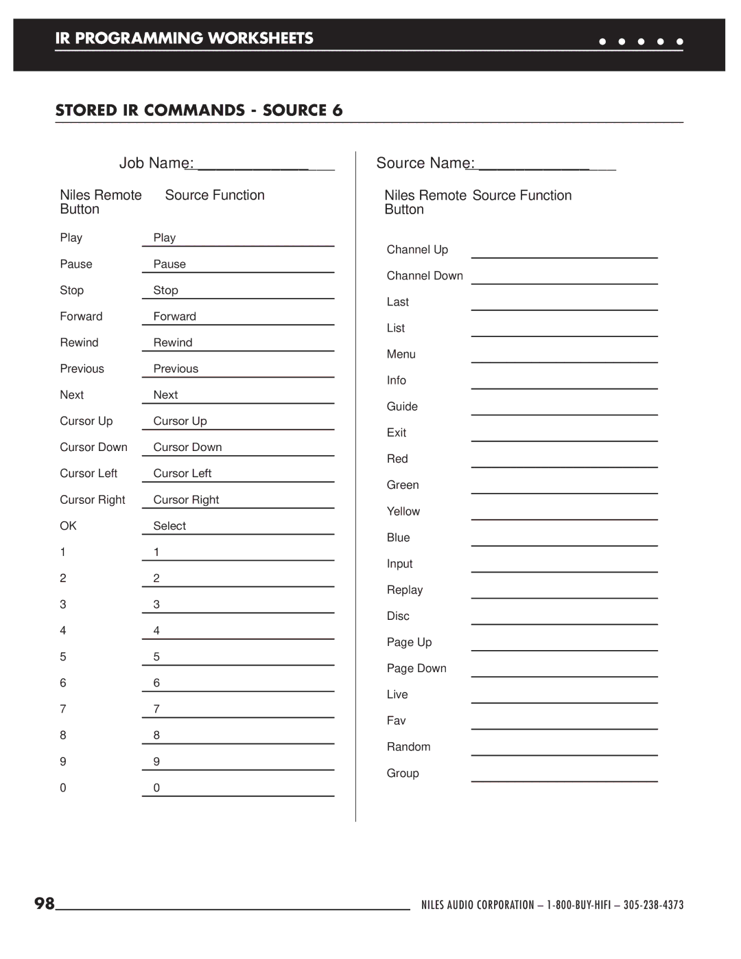 Niles Audio ZR-6 manual IR Programming Worksheets 