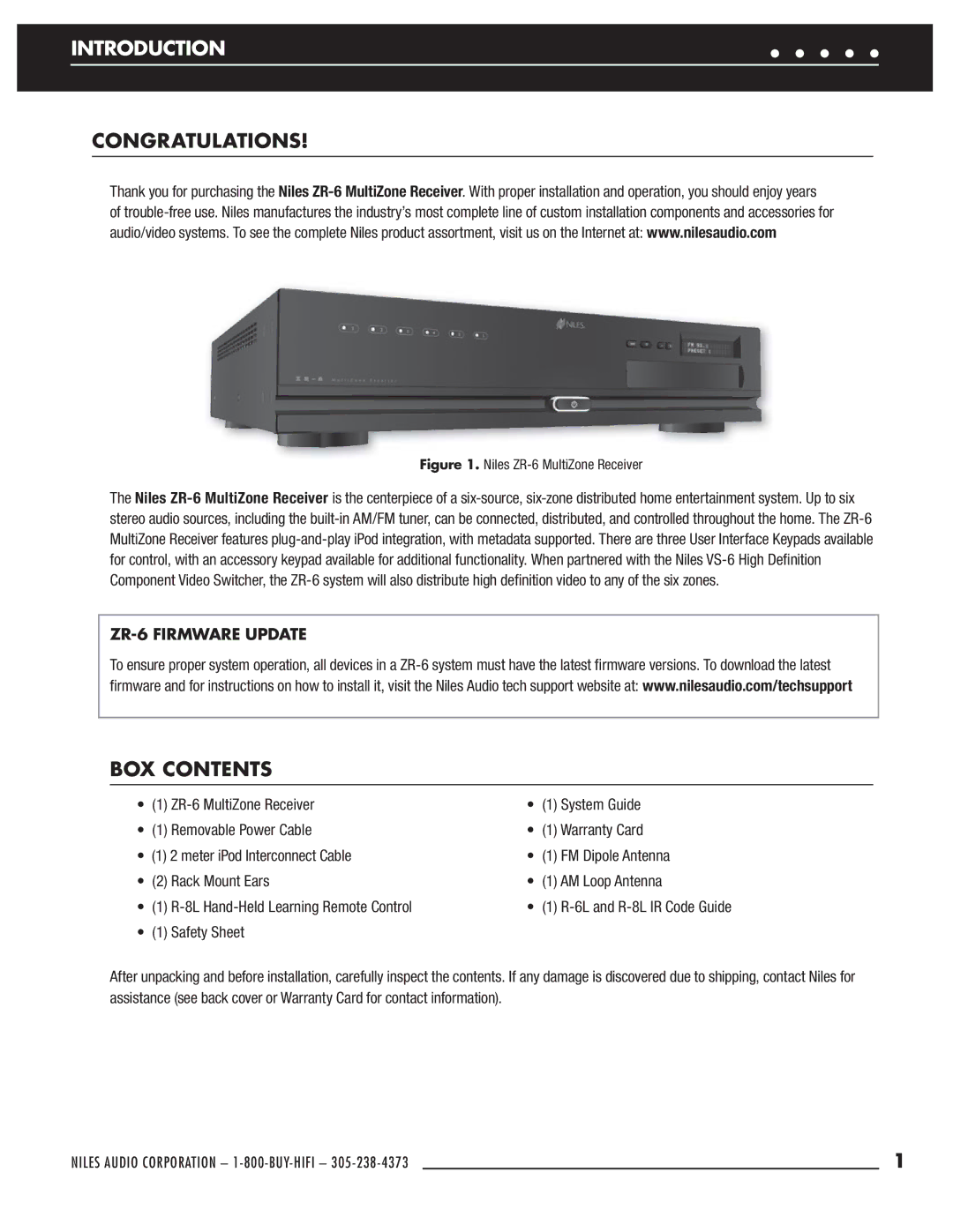 Niles Audio ZR-6 manual Introduction, Congratulations, BOX Contents 