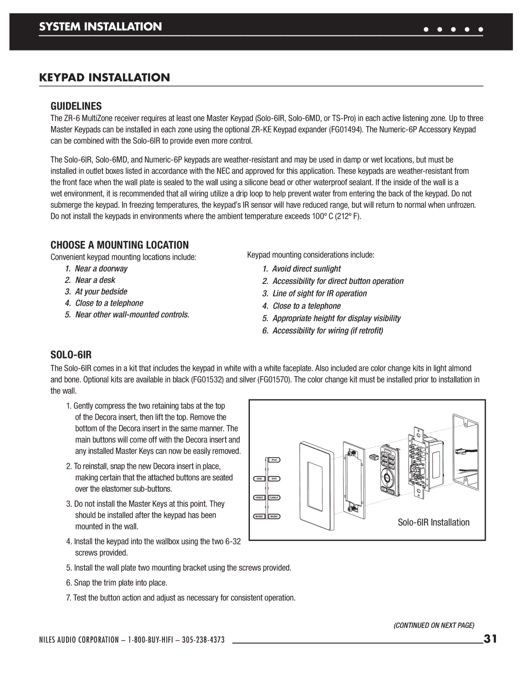 Niles Audio ZR-6 manual Keypad Installation, Guidelines, Choose a Mounting Location, SOLO-6IR 