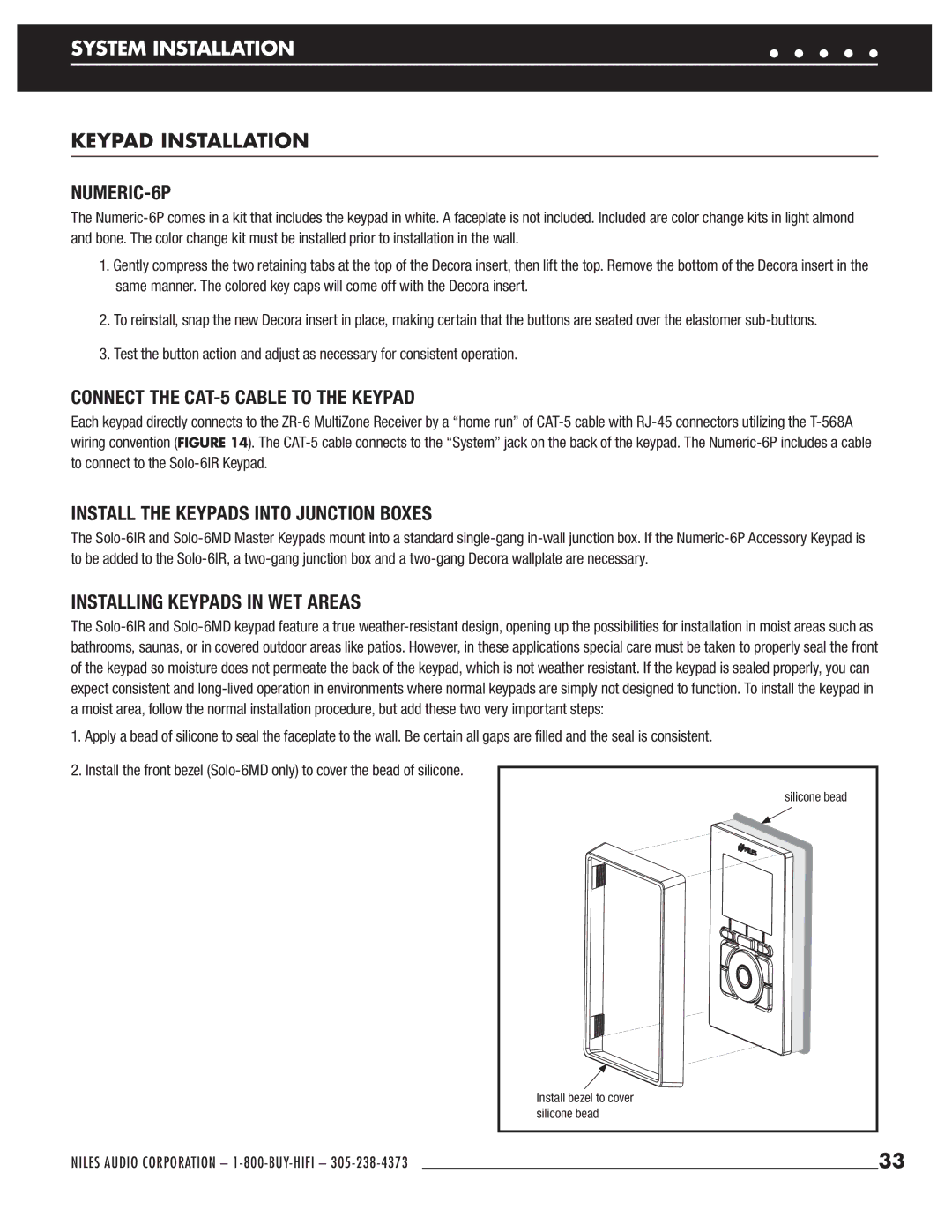 Niles Audio ZR-6 manual NUMERIC-6P, Connect the CAT-5 Cable to the Keypad, Install the Keypads Into Junction Boxes 