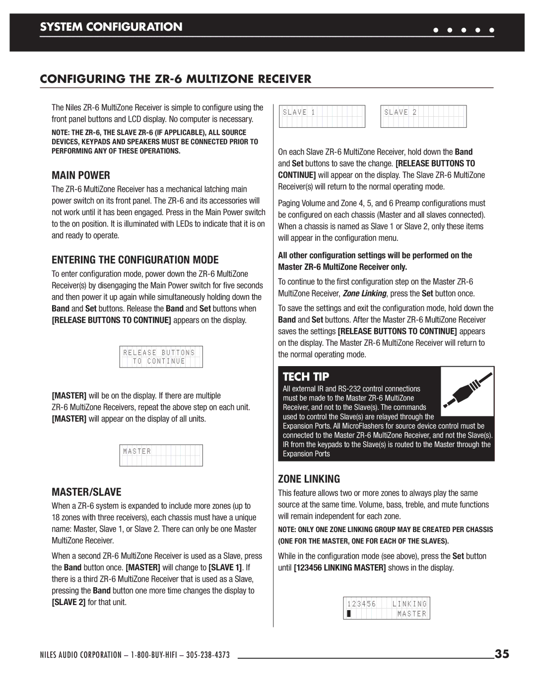 Niles Audio manual System Configuration, Configuring the ZR-6 Multizone Receiver, Tech TIP 