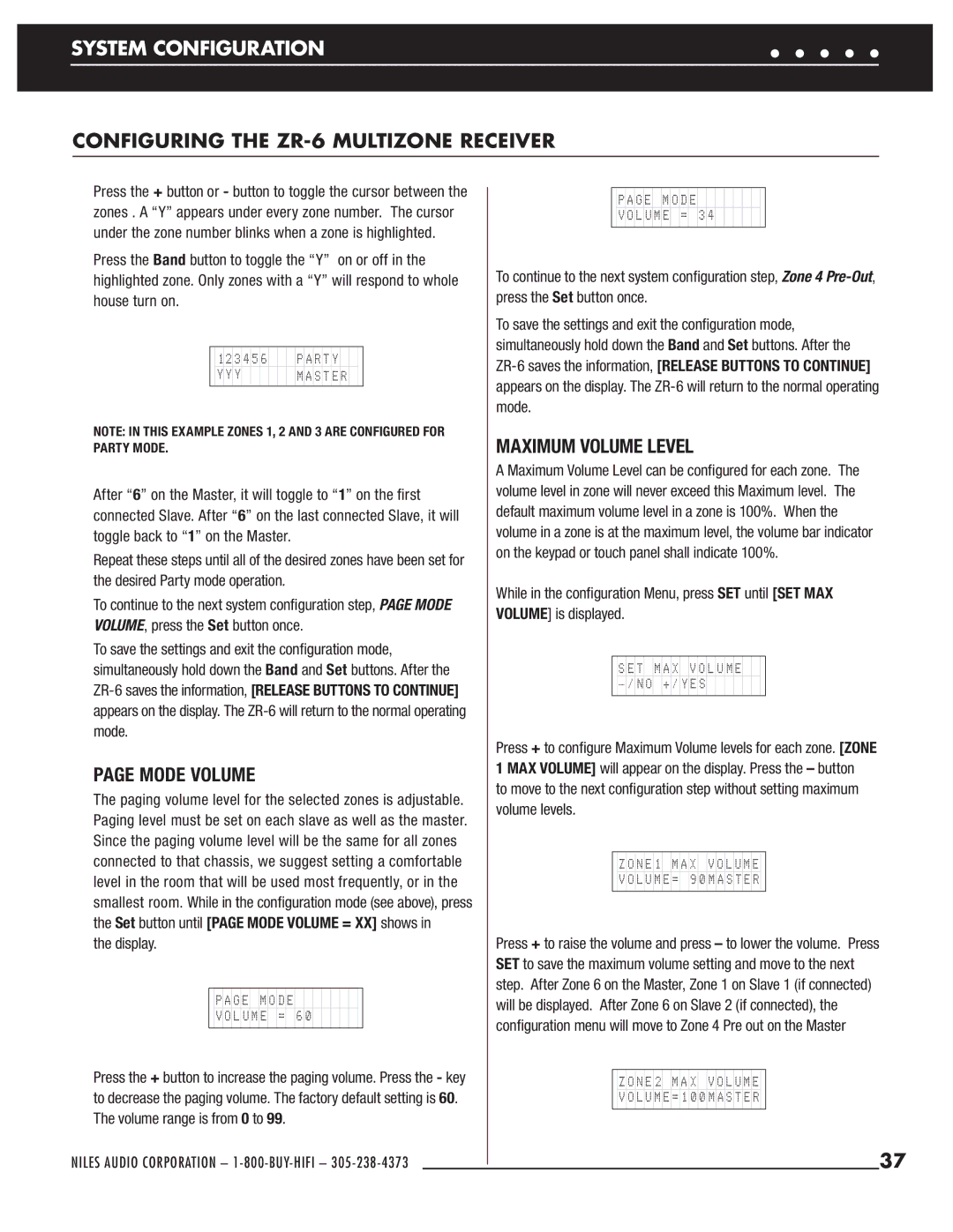 Niles Audio ZR-6 manual Mode Volume, Maximum Volume Level, Display 