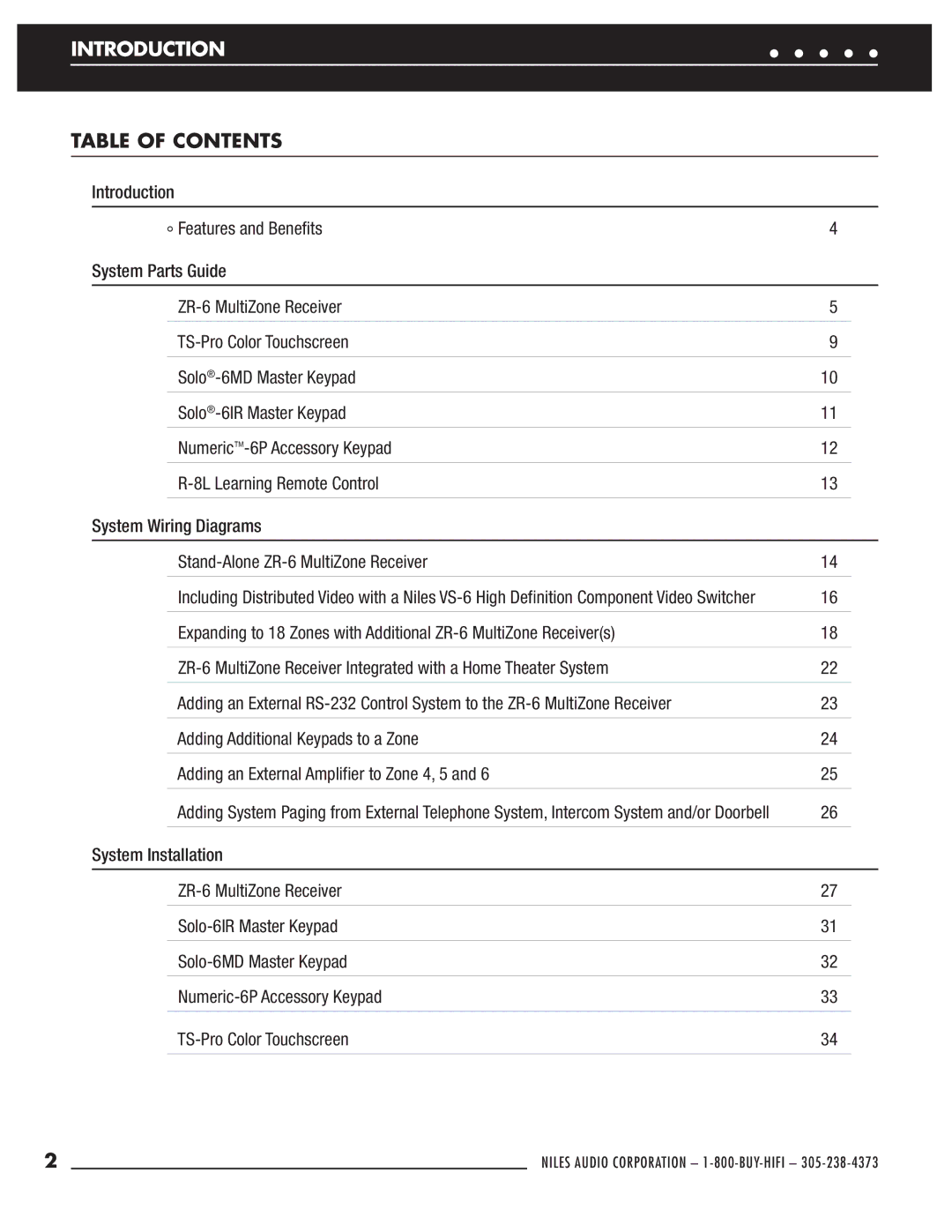 Niles Audio ZR-6 manual Table of Contents 