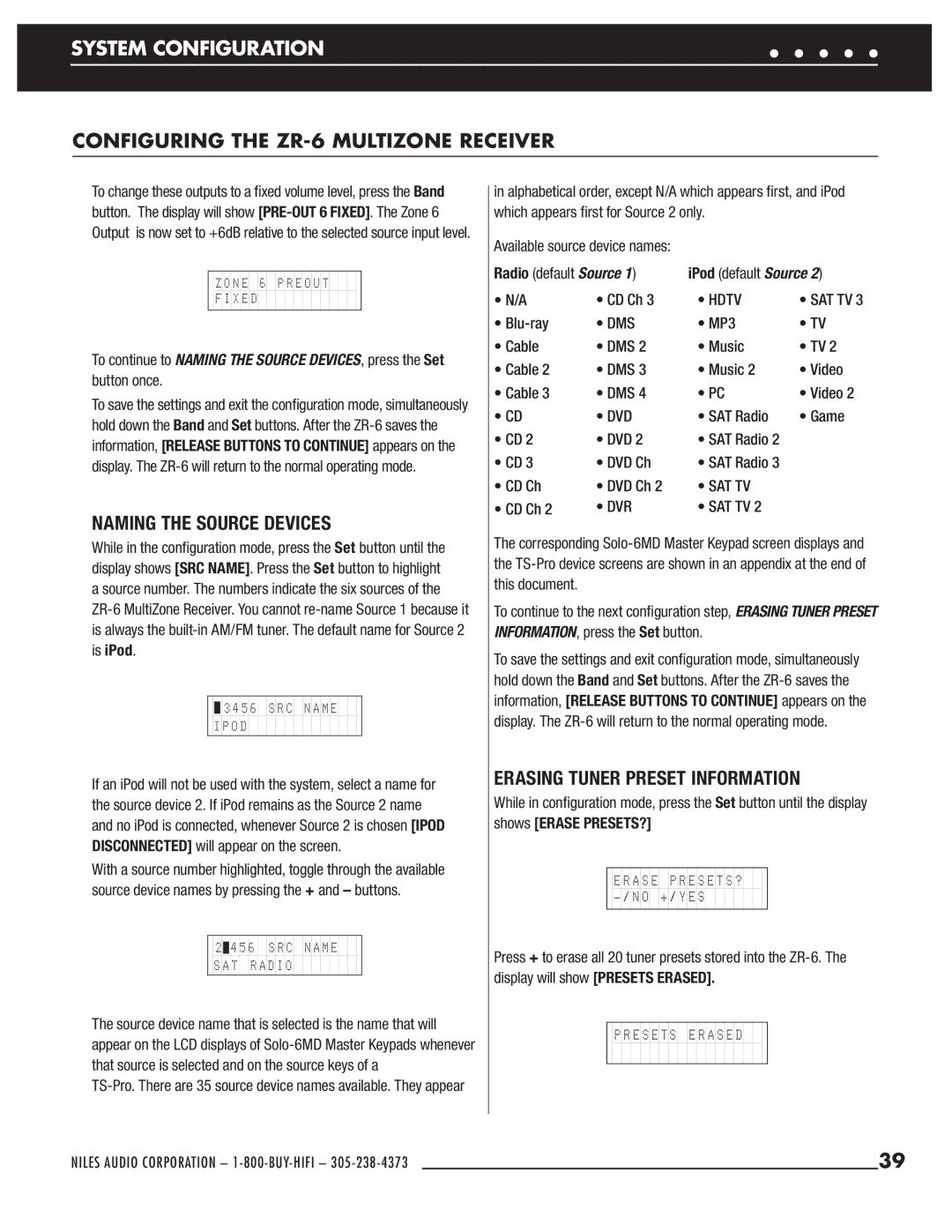 Niles Audio ZR-6 manual Naming the Source Devices, Erasing Tuner Preset Information 