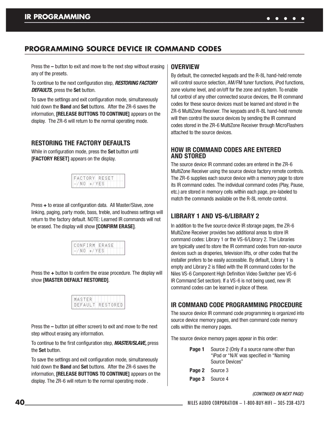 Niles Audio ZR-6 manual IR Programming, Programming Source Device IR Command Codes 