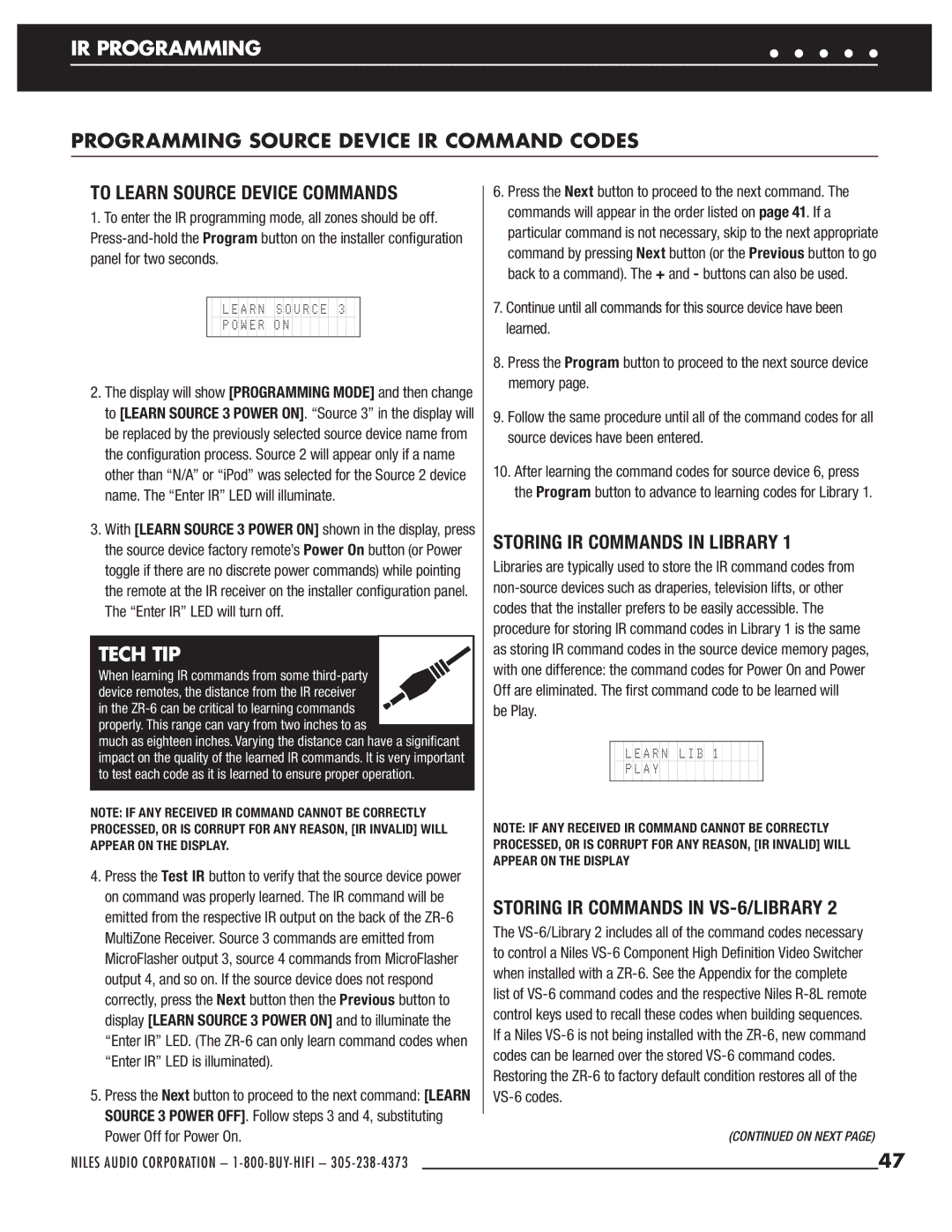 Niles Audio ZR-6 To Learn Source Device Commands, Storing IR Commands in Library, Storing IR Commands in VS-6/LIBRARY 