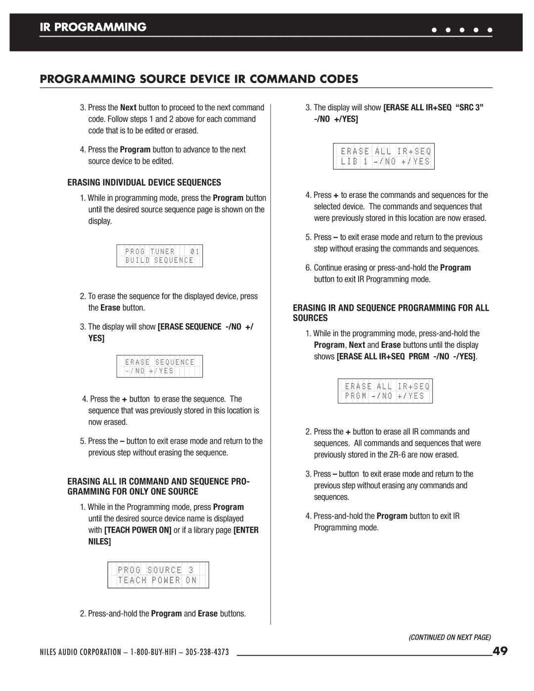 Niles Audio ZR-6 manual Erasing Individual Device Sequences, Erasing IR and Sequence Programming for ALL Sources 