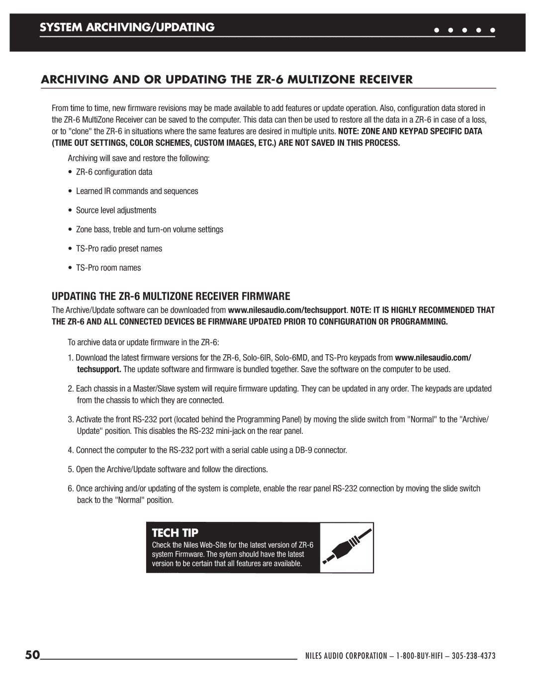 Niles Audio manual System ARCHIVING/UPDATING, Archiving and or Updating the ZR-6 Multizone Receiver 