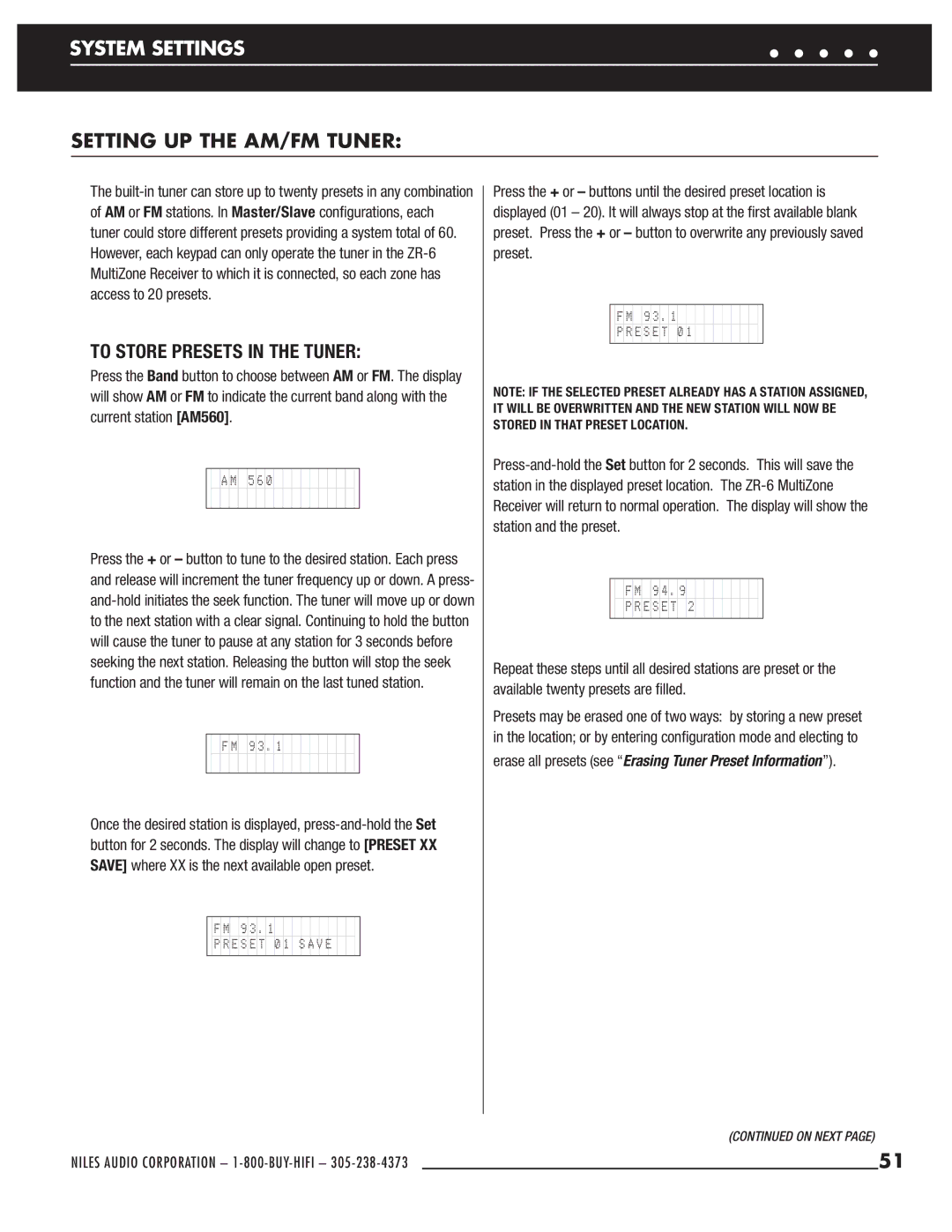 Niles Audio ZR-6 manual System Settings, Setting UP the AM/FM Tuner, To Store Presets in the Tuner 