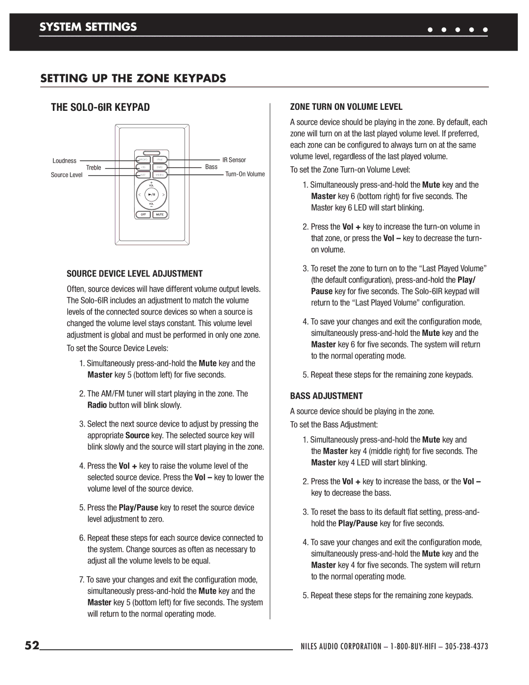Niles Audio ZR-6 Setting UP the Zone Keypads, SOLO-6IR Keypad, Source Device Level Adjustment, Zone Turn on Volume Level 
