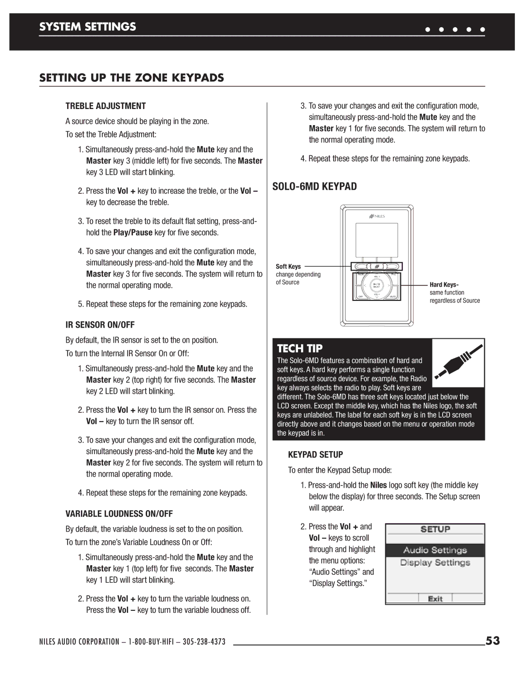 Niles Audio ZR-6 manual SOLO-6MD Keypad, Treble Adjustment, IR Sensor ON/OFF, Variable Loudness ON/OFF, Keypad Setup 