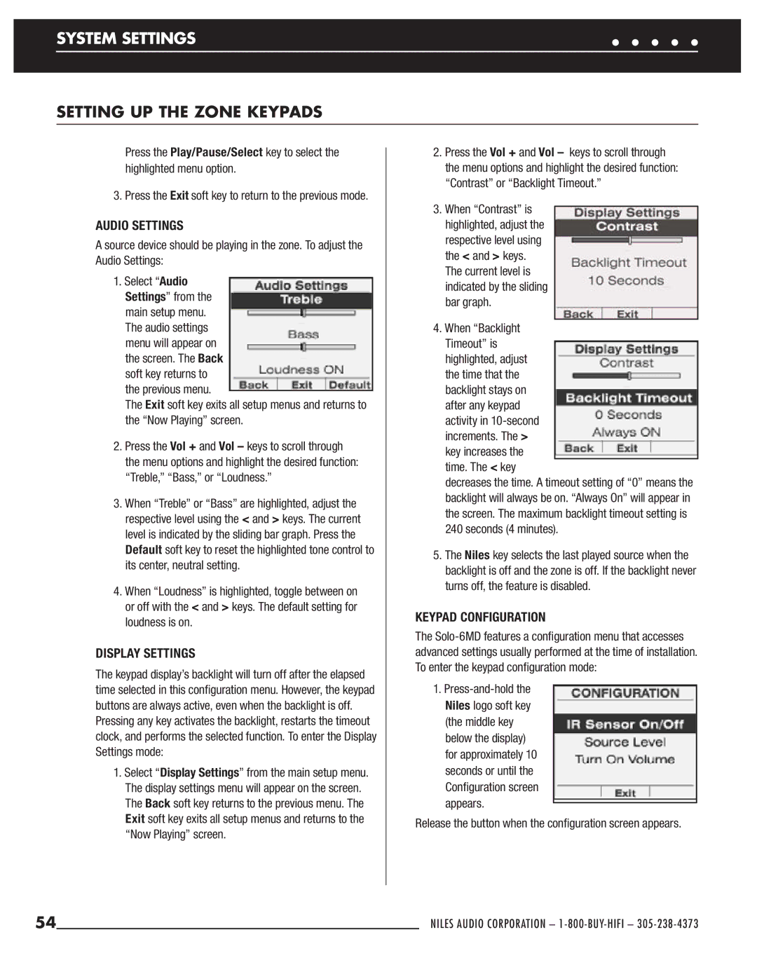 Niles Audio ZR-6 manual Audio Settings, Display Settings, Keypad Configuration 